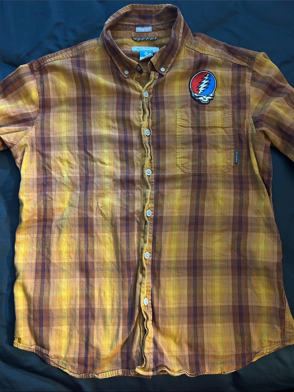 Columbia Men's Yellow & Brown Plaid Button-Down Shirt with Custom Patches
